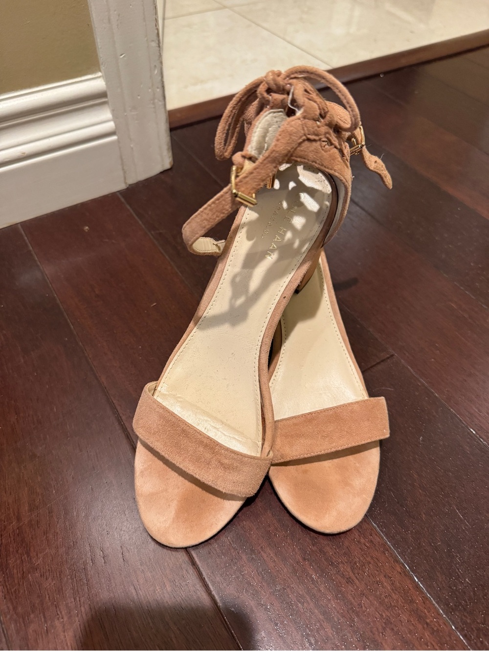 Cole Haan Suede Ankle-Tie Sandals in Camel